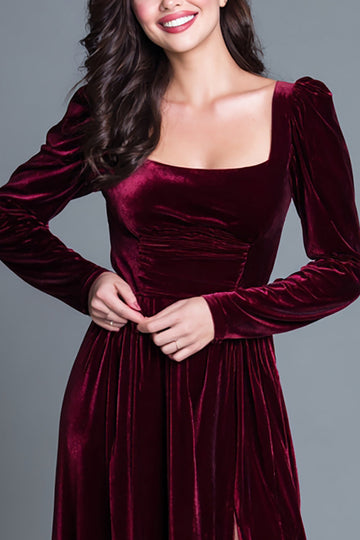 Robe formelle Vlevet à col carré bordeaux A Line avec fente